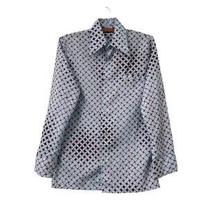 VTG Lancer California Blue Red Woven Print Long Sleeve Button Shirt Mens Size S